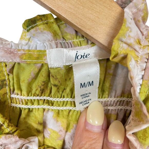 Joie Fern Yellow Green Print Smocked High Neck Sleeveless A-line Swing Blouse - Picture 11 of 13